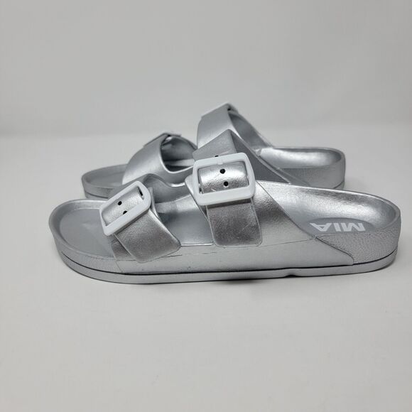 MIA Toulon Sandals Women’s 7 Slip On Two Buckle Comfort Shoe Silver - Picture 7 of 12